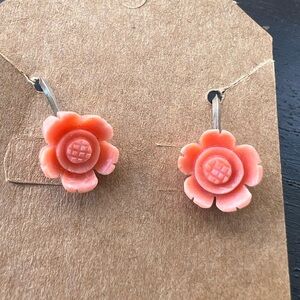 Sweet Light Pink Coral Flower Carved Sterling Silver Earrings (0.7″ × 0.45″)